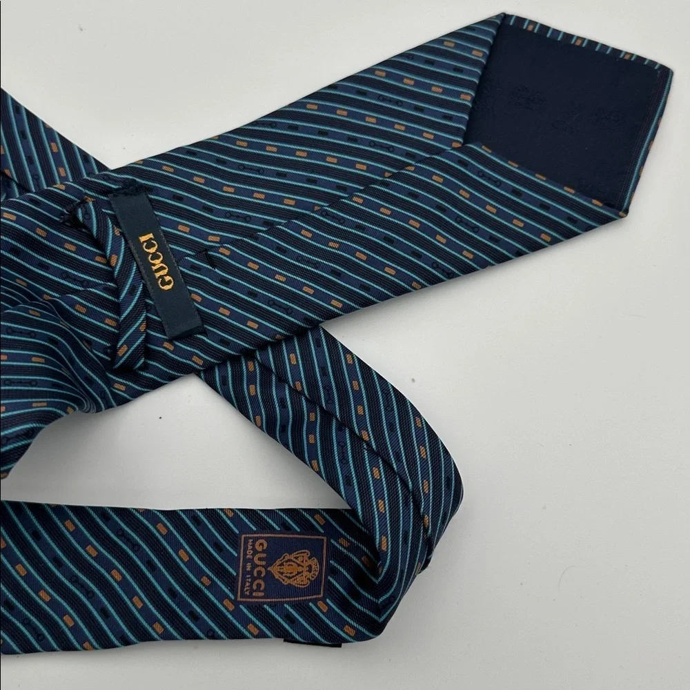 Gucci Vintage Silk Printed Tie Blue Black 57” Long